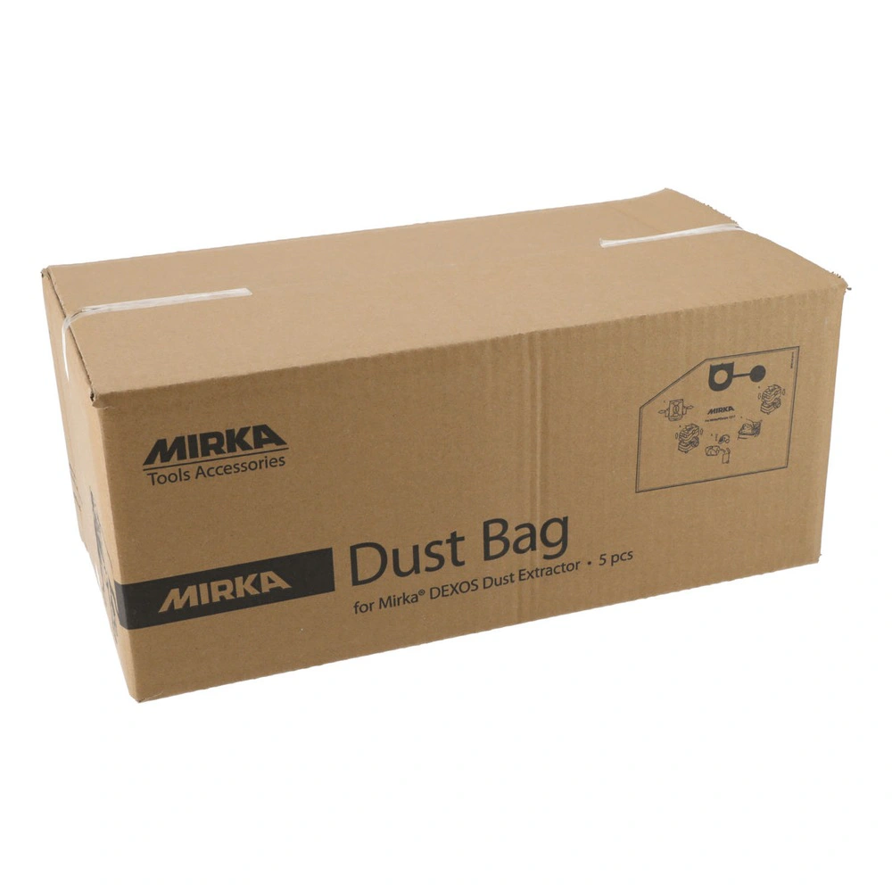 קופסת קרטון חומה עם כיתוב Mirka Dust Bag ו-5 pcs, מצולמת באלכסון על רקע לבן
