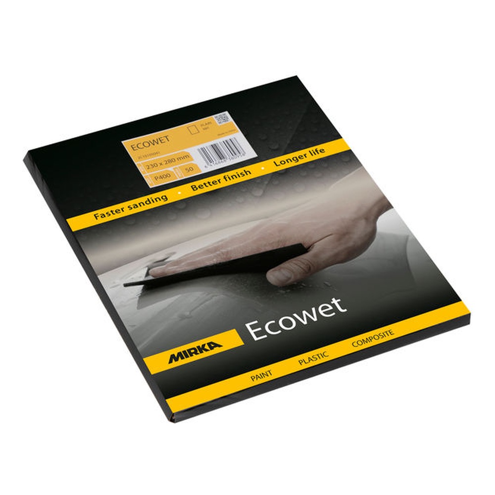 אריזת נייר ליטוש שחורה-צהובה של Ecowet, מצולמת באלכסון על רקע לבן - A black-and-yellow Ecowet sanding paper pack shown at an angle