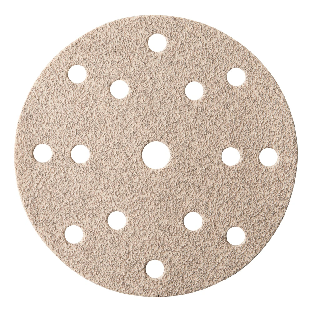 A beige round sanding disc with multiple holes, shown on a white background