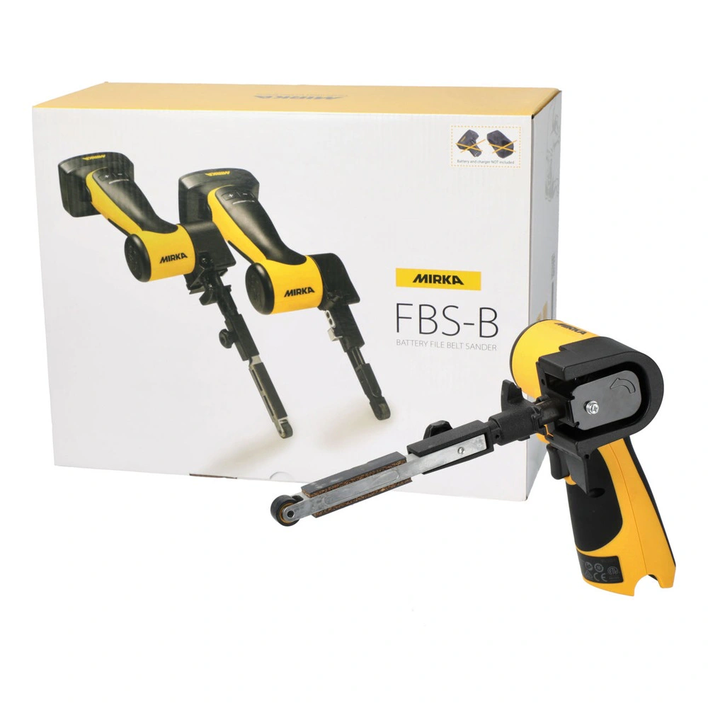 A cordless file belt sander beside a white-and-yellow retail box