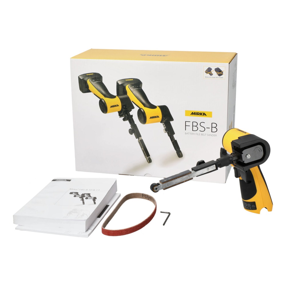 A box, cordless file belt sander, booklet, sanding belt loop, and hex key