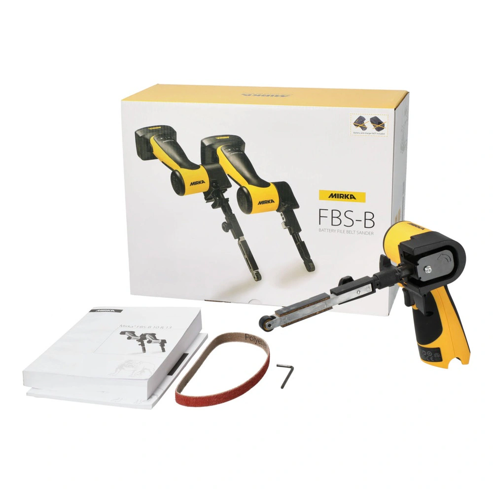 A box, cordless file belt sander, booklet, sanding belt loop, and hex key