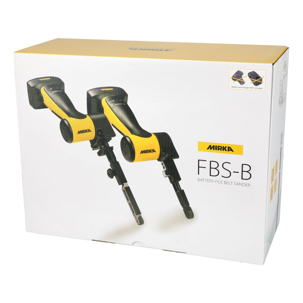 A white-and-yellow product box with printed images of two cordless file belt