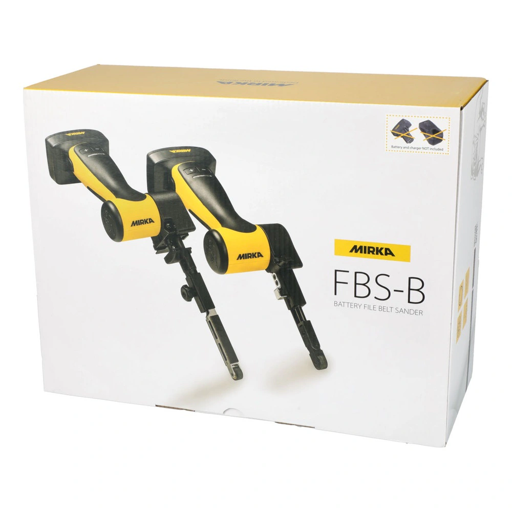 A white-and-yellow product box with printed images of two cordless file belt