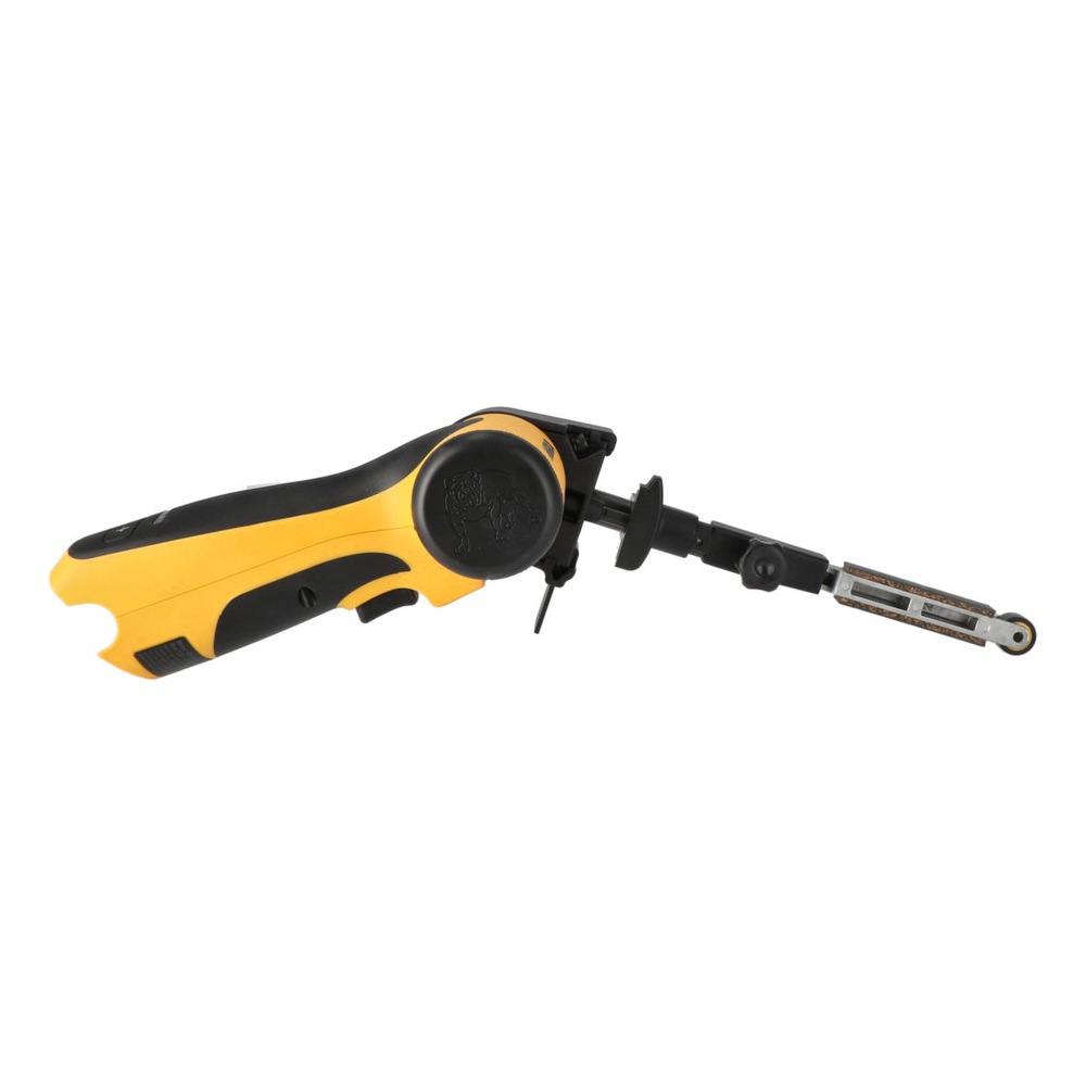 A yellow and black cordless file belt sander shown in side view on a white
