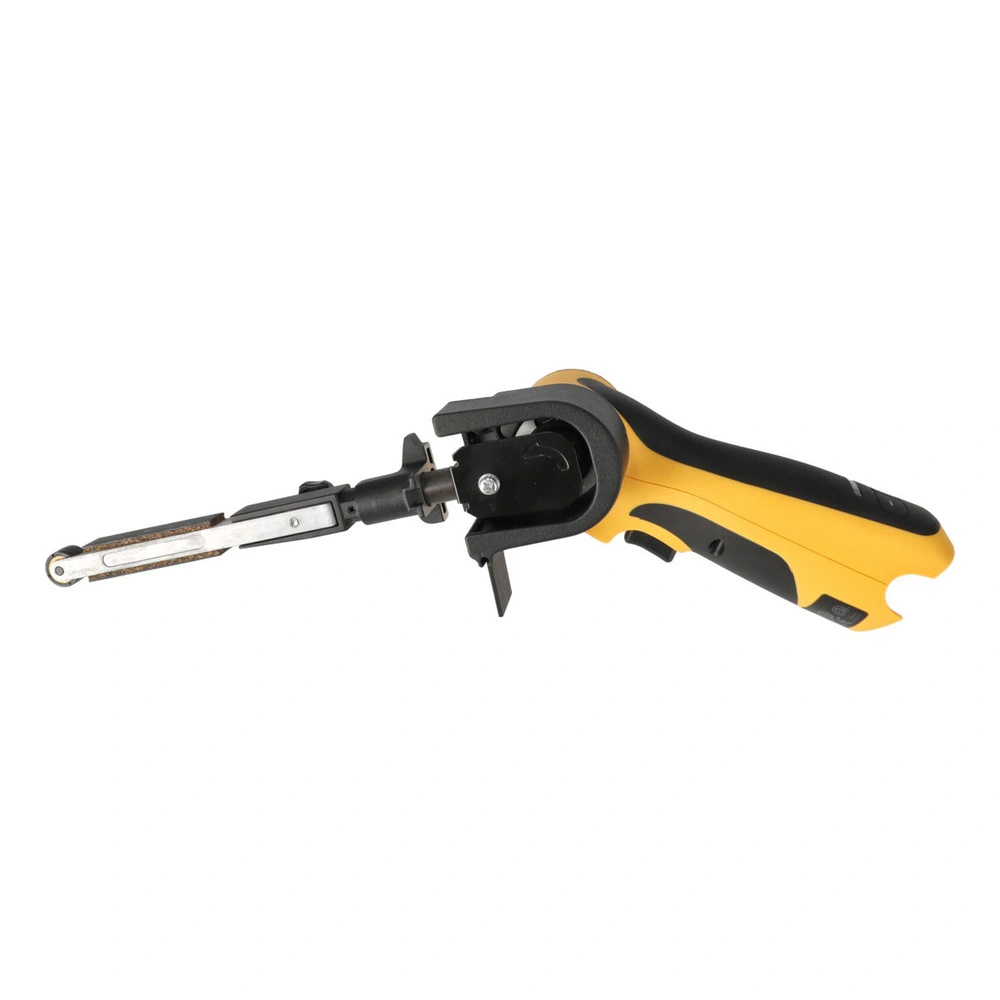 A yellow and black cordless file belt sander shown from a front-side angle