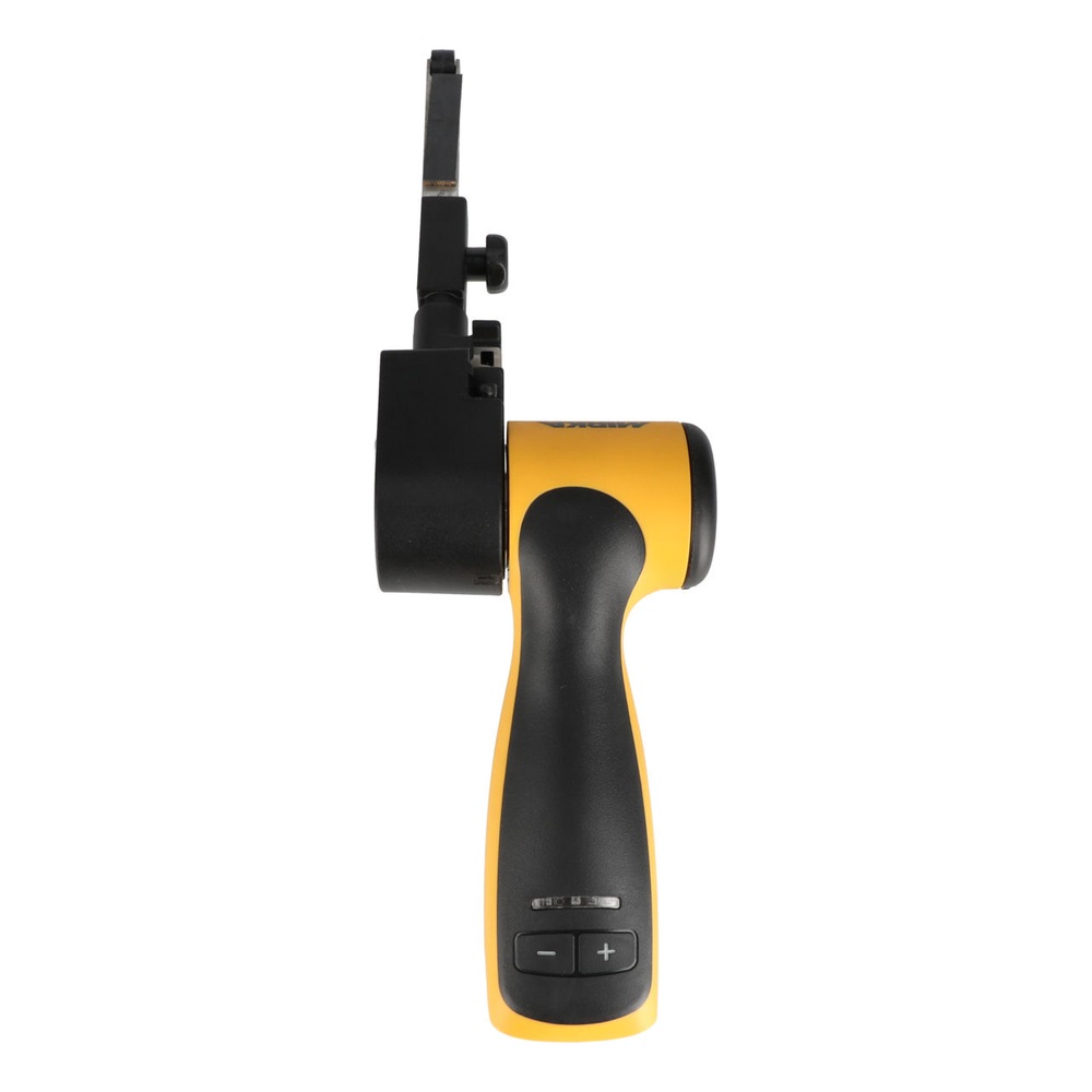 Side view of a yellow and black cordless file belt sander, with plus
