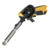 A yellow and black cordless file belt sander shown diagonally, with the arm