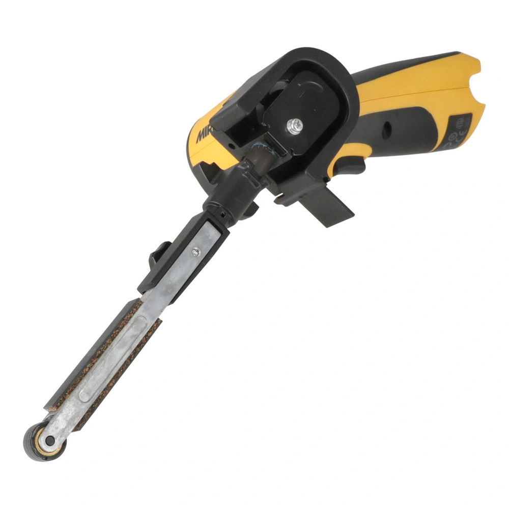 A yellow and black cordless file belt sander shown diagonally, with the arm