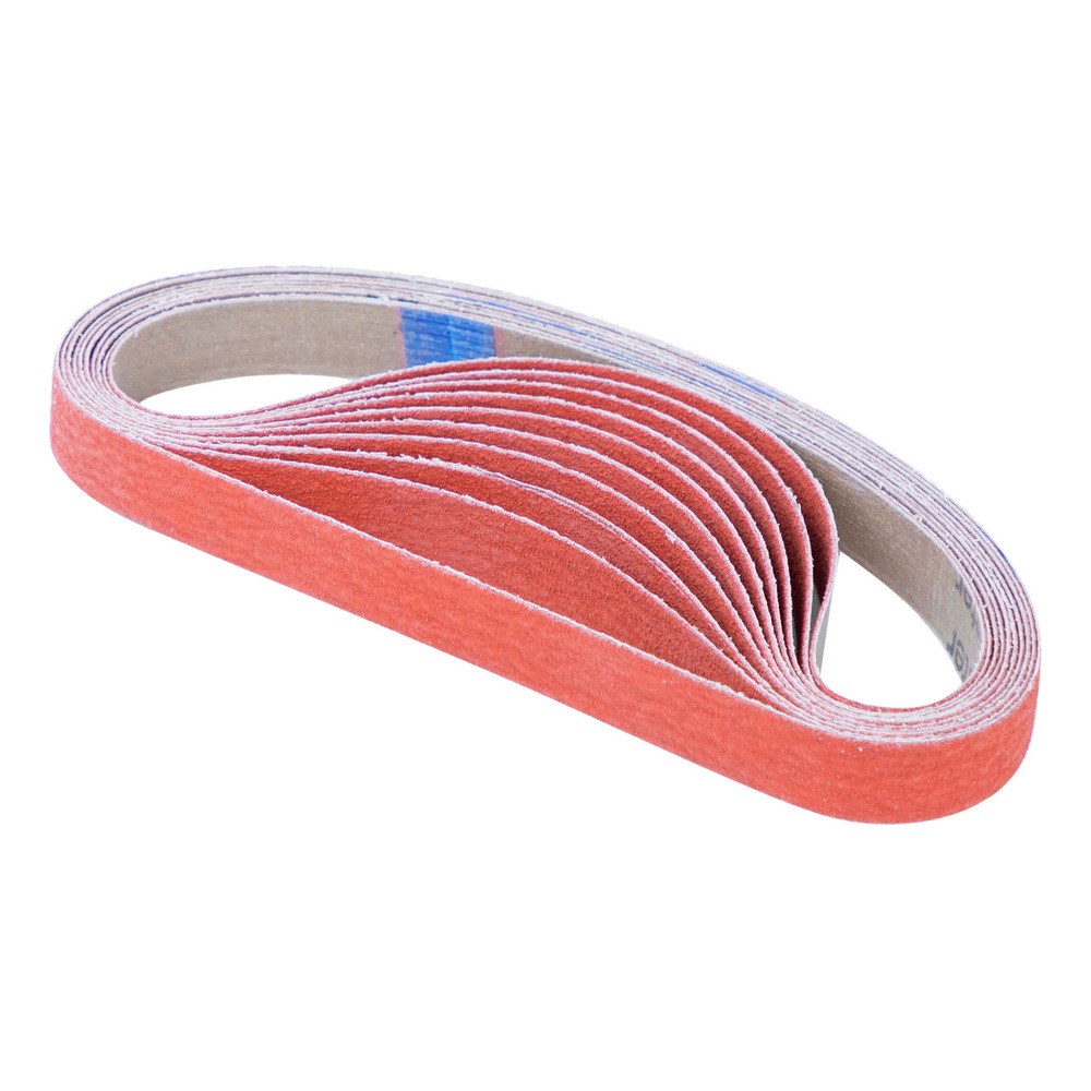 Red abrasive belt folded into a loop, shown at an angle on a white
