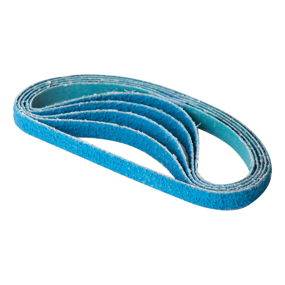 Blue abrasive belt folded into a loop on a white background, shown