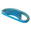 Blue abrasive belt folded into a loop on a white background, shown