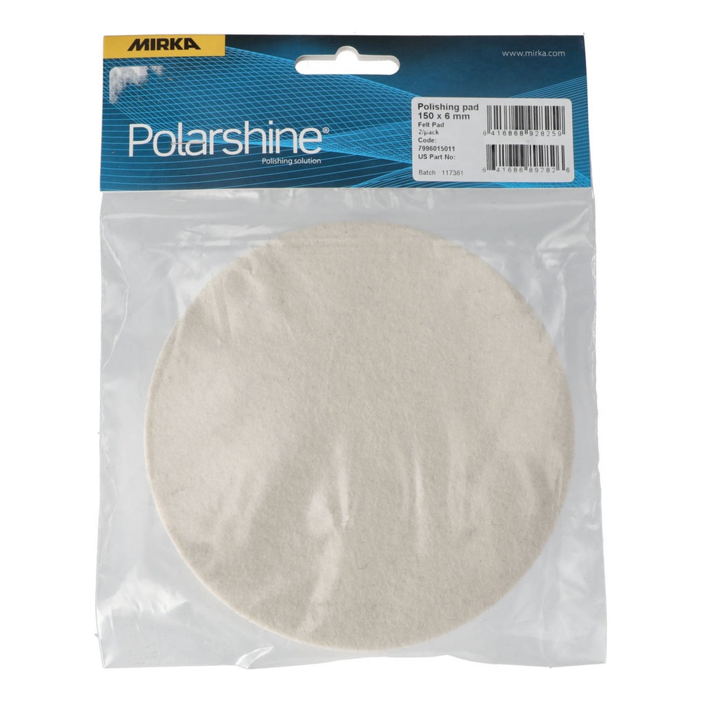 Product packaging showing a white round felt pad inside a clear plastic bag