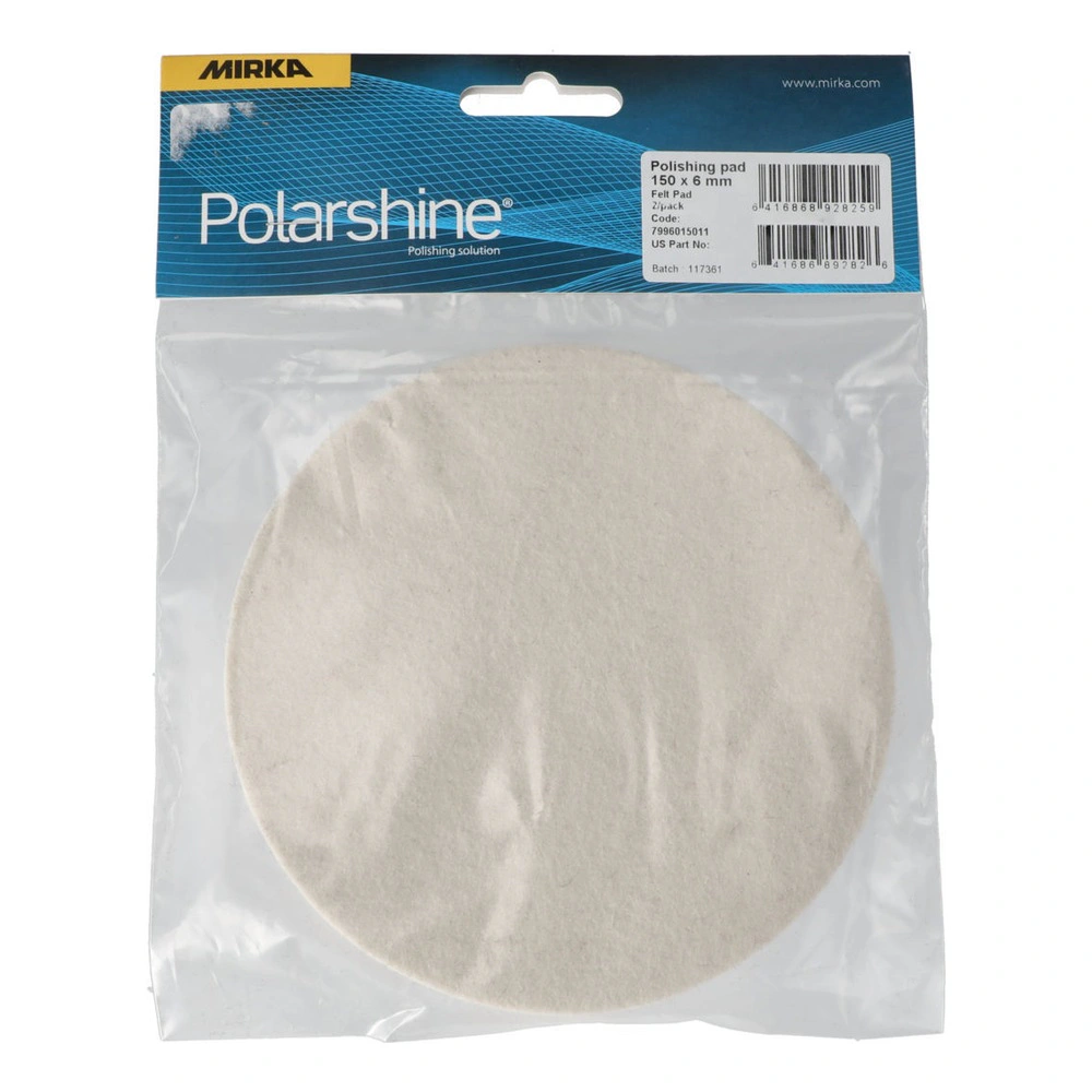 Product packaging showing a white round felt pad inside a clear plastic bag
