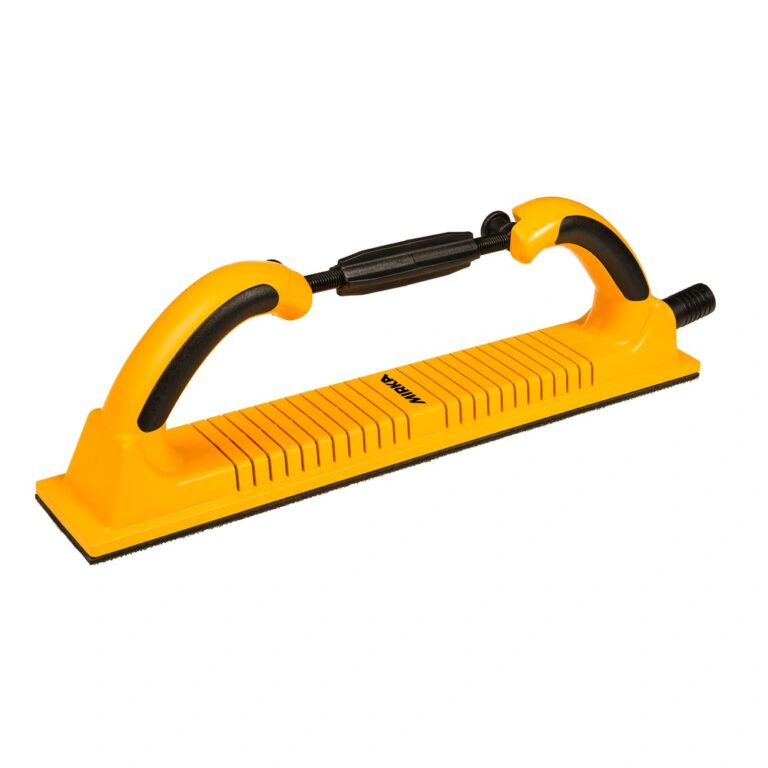 Yellow sanding board with two black handles and a black underside, shown