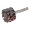 Flap wheel with a metal shank, shown from the side with dark abrasive layers