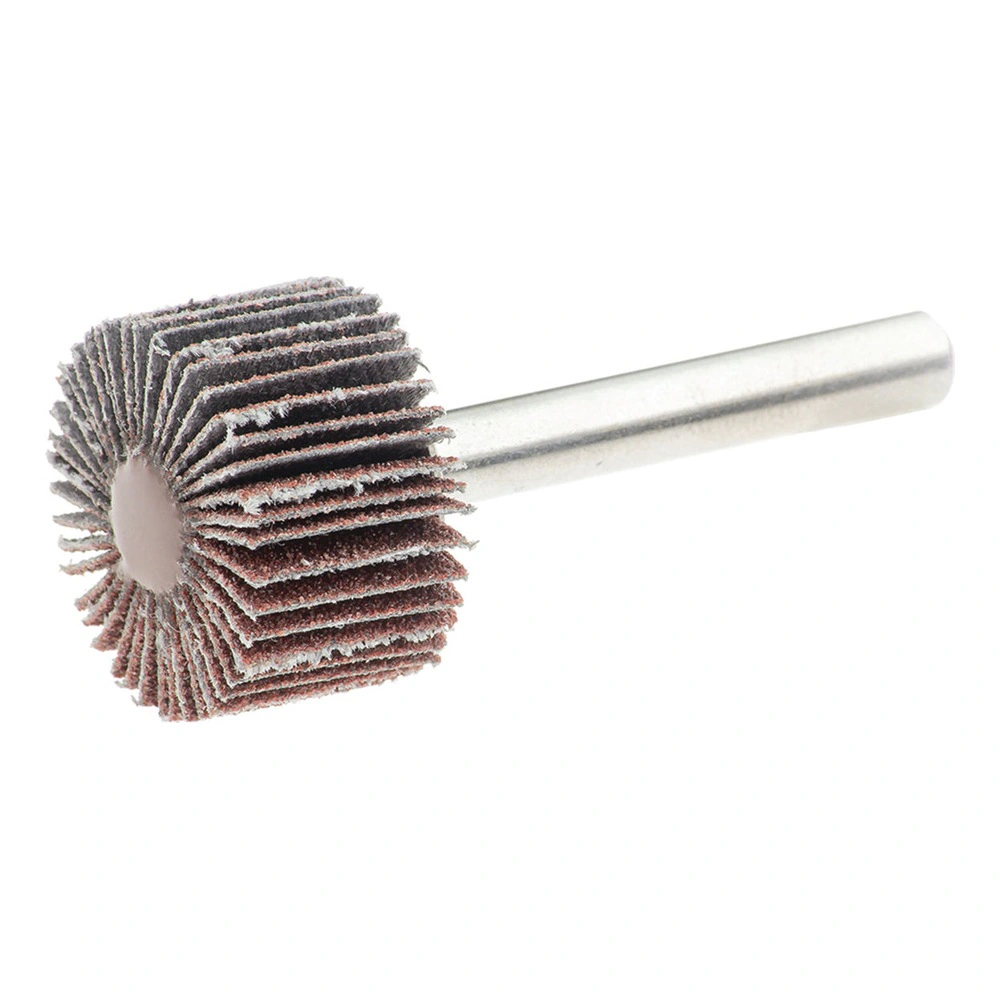 Flap wheel with a metal shank, shown in a front-side view with brown-gray