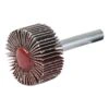 Flap wheel with a metal shank, shown from the end with brown-black abrasive
