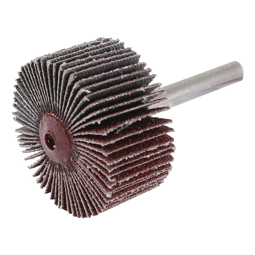 A flap wheel abrasive with a metal shank, shown at an angle on a white