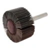 A flap wheel abrasive with a metal shank, shown at an angle on a white