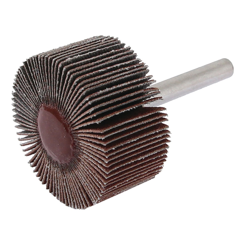 A flap wheel abrasive with a metal shank, shown at an angle on a white