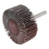 A flap wheel abrasive with a metal shank, shown at an angle on a white