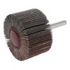 A flap wheel abrasive with a metal shank, shown in front-angled view