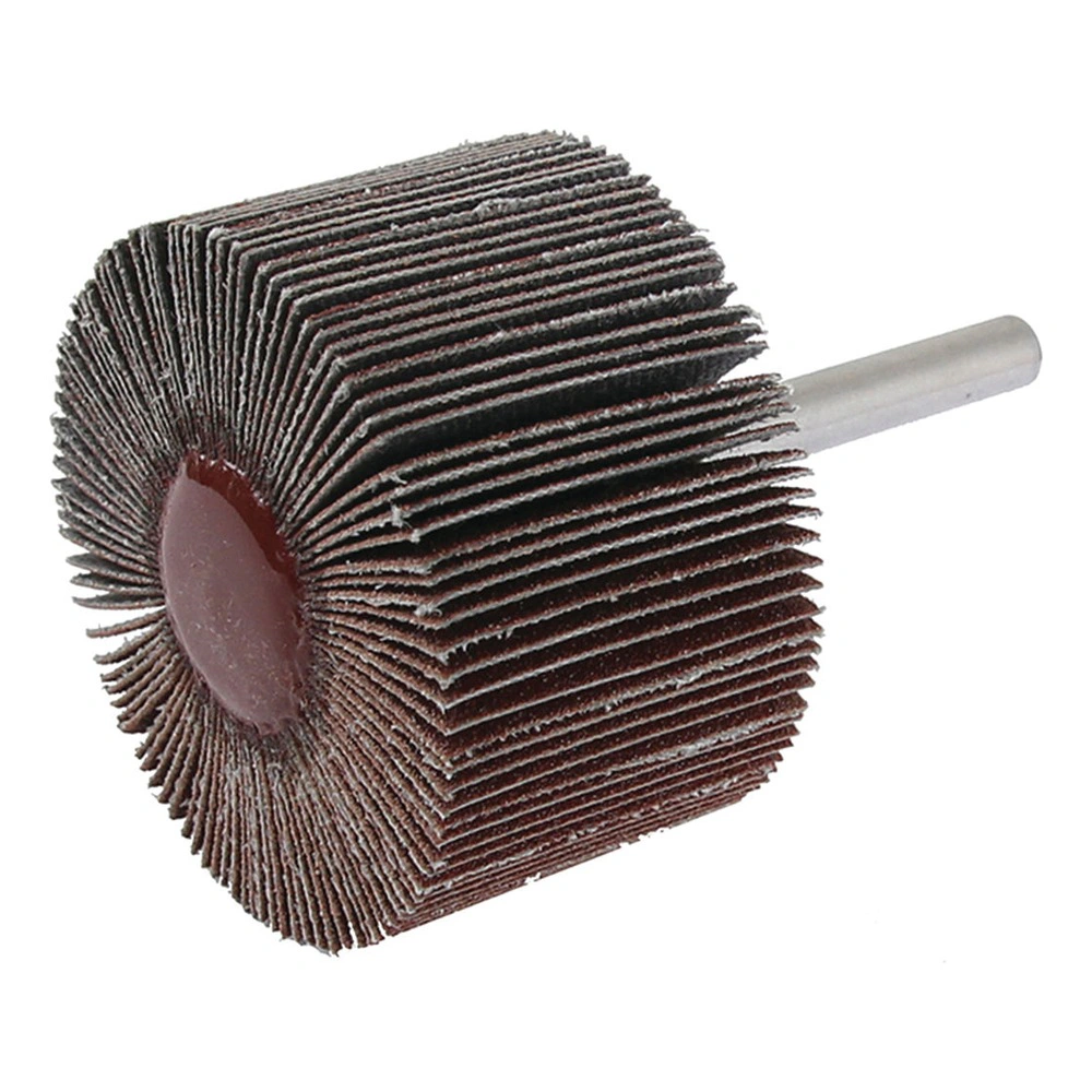 A flap wheel abrasive with a metal shank, shown in front-angled view