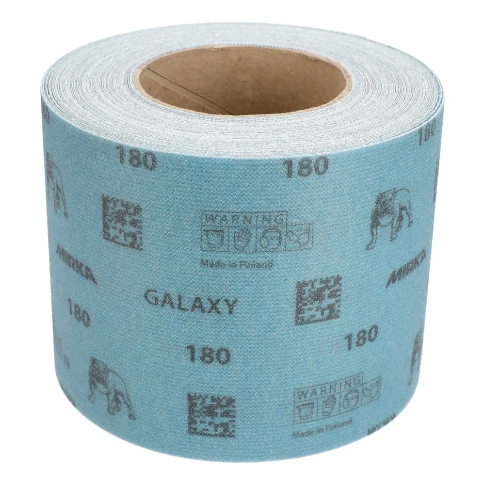 A rolled blue sanding sheet or abrasive strip, shown from a front-top view