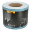 A blue abrasive roll with a black Mirka label, with part of the sheet
