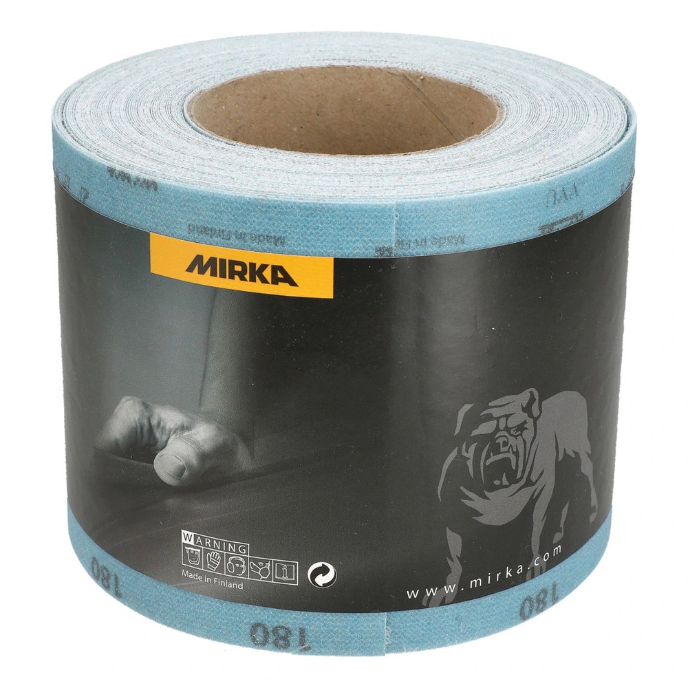 A blue abrasive roll with a black Mirka label, with part of the sheet