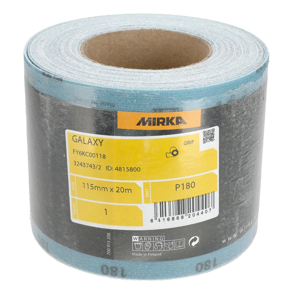A blue-gray perforated sanding roll with a cardboard core, shown at an angle