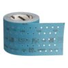 A blue perforated sanding roll in closer view, coiled with the strip