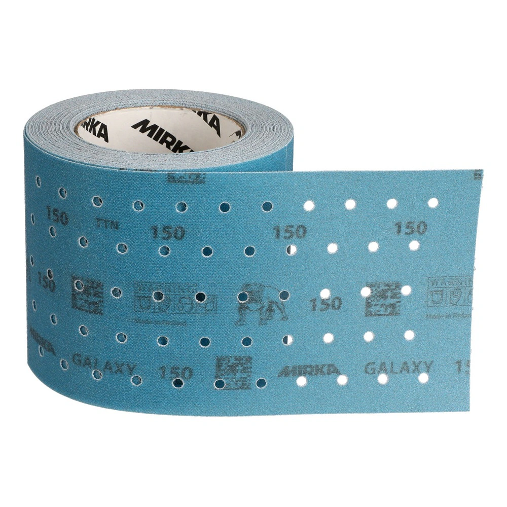 A blue perforated sanding roll in closer view, coiled with the strip