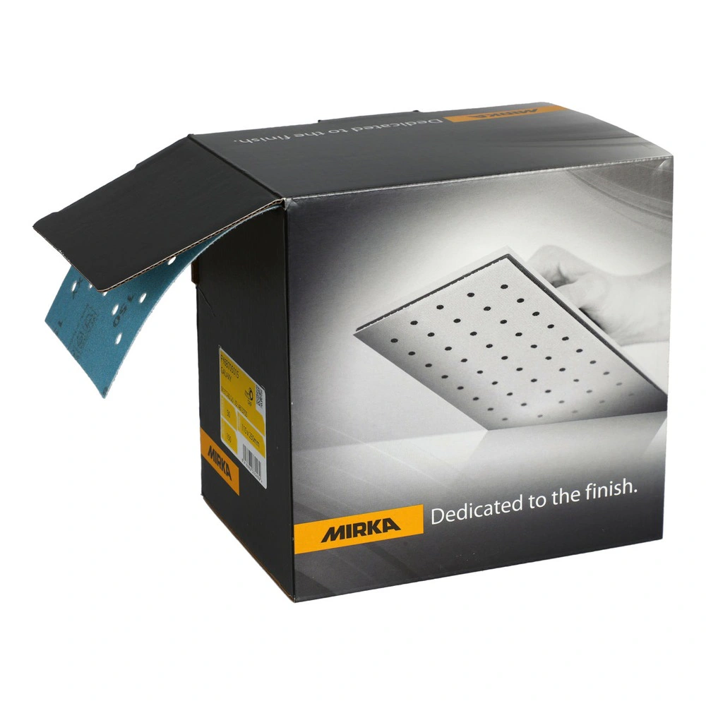Black Mirka product box with a blue perforated sanding sheet protruding