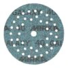 A round blue-turquoise sanding disc with multiple holes and a center hole