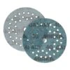 Two overlapping round sanding discs, one gray and one turquoise, on a white