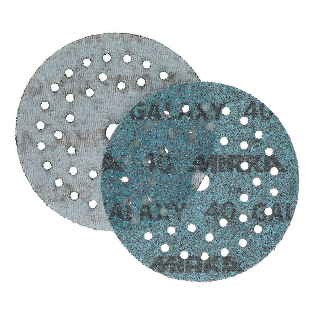 Two overlapping round sanding discs, one gray and one turquoise, on a white