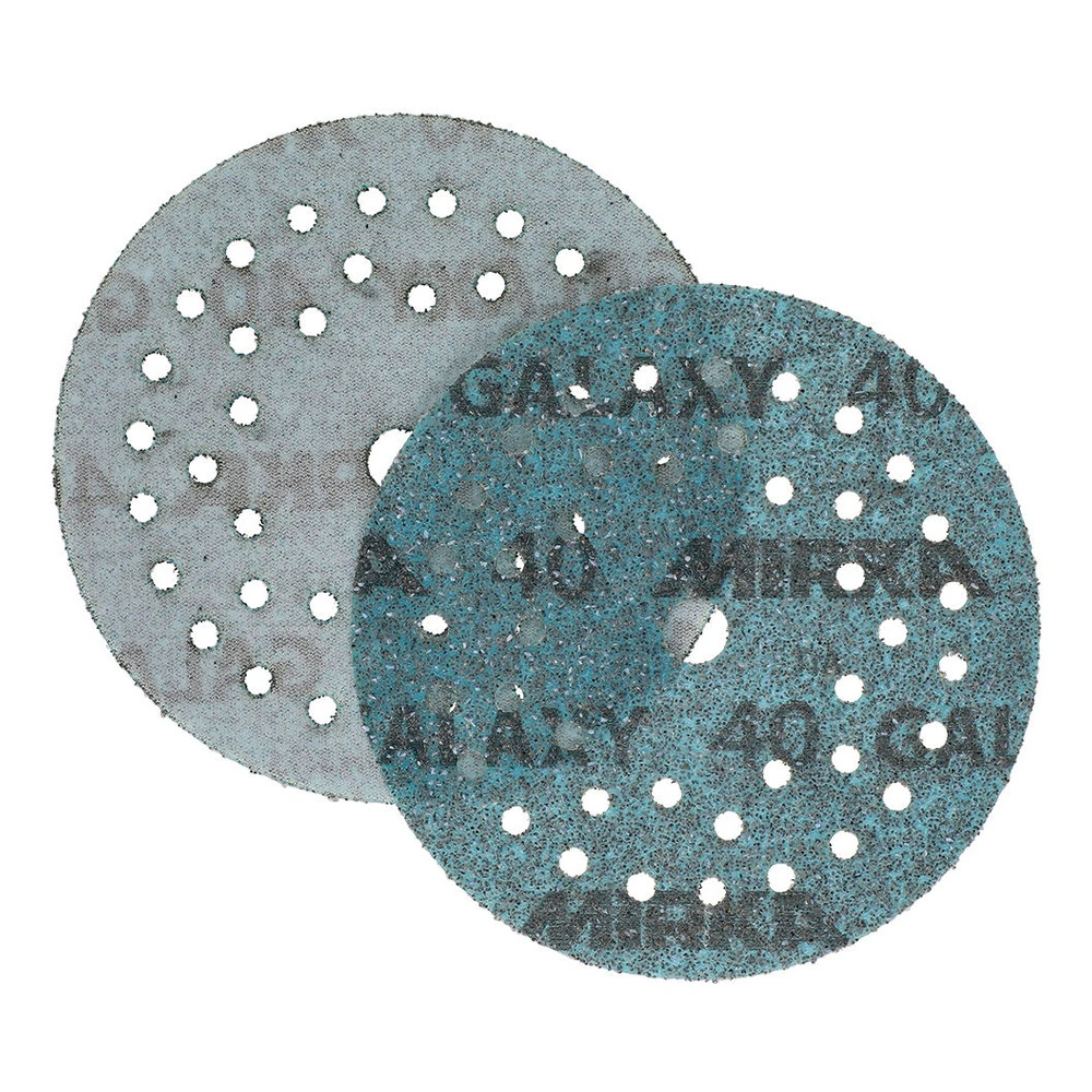 Two overlapping round sanding discs, one gray and one turquoise, on a white