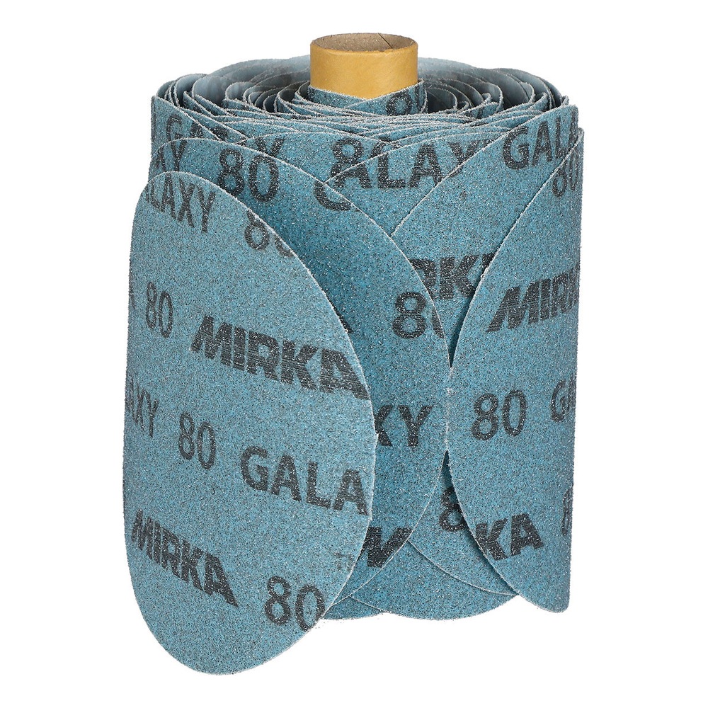 A roll of blue sanding discs with MIRKA and GALAXY print, shown on a white