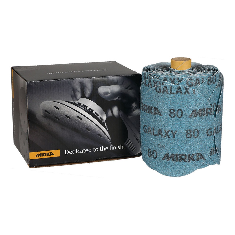 A roll of blue sanding discs beside a black retail box with a product image