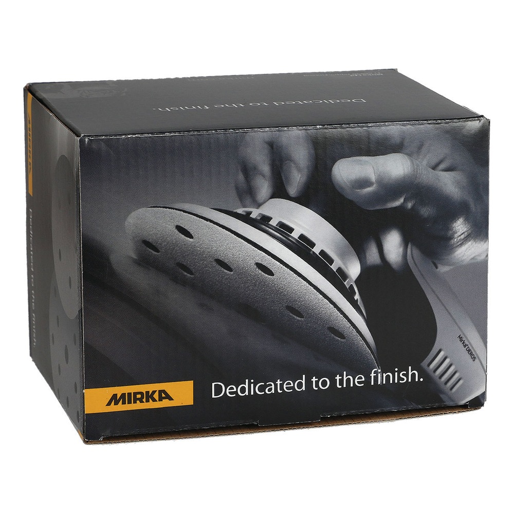 A black retail box with a handheld sander image and MIRKA logo, on a white