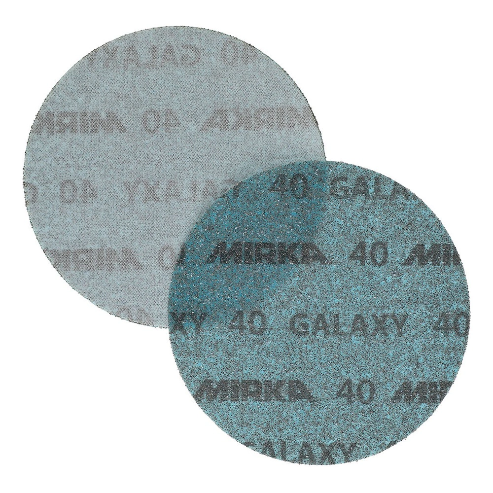 Two round sanding discs are shown overlapping, one light gray and one darker