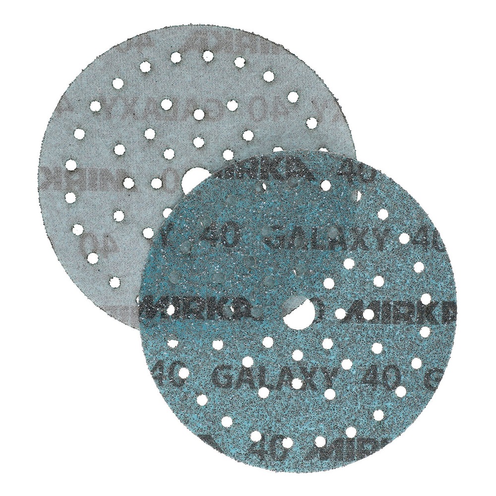 Two perforated round sanding discs, one light gray and one blue-green, shown
