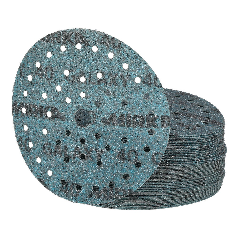 A stack of round turquoise sanding discs with many holes, shown front-facing