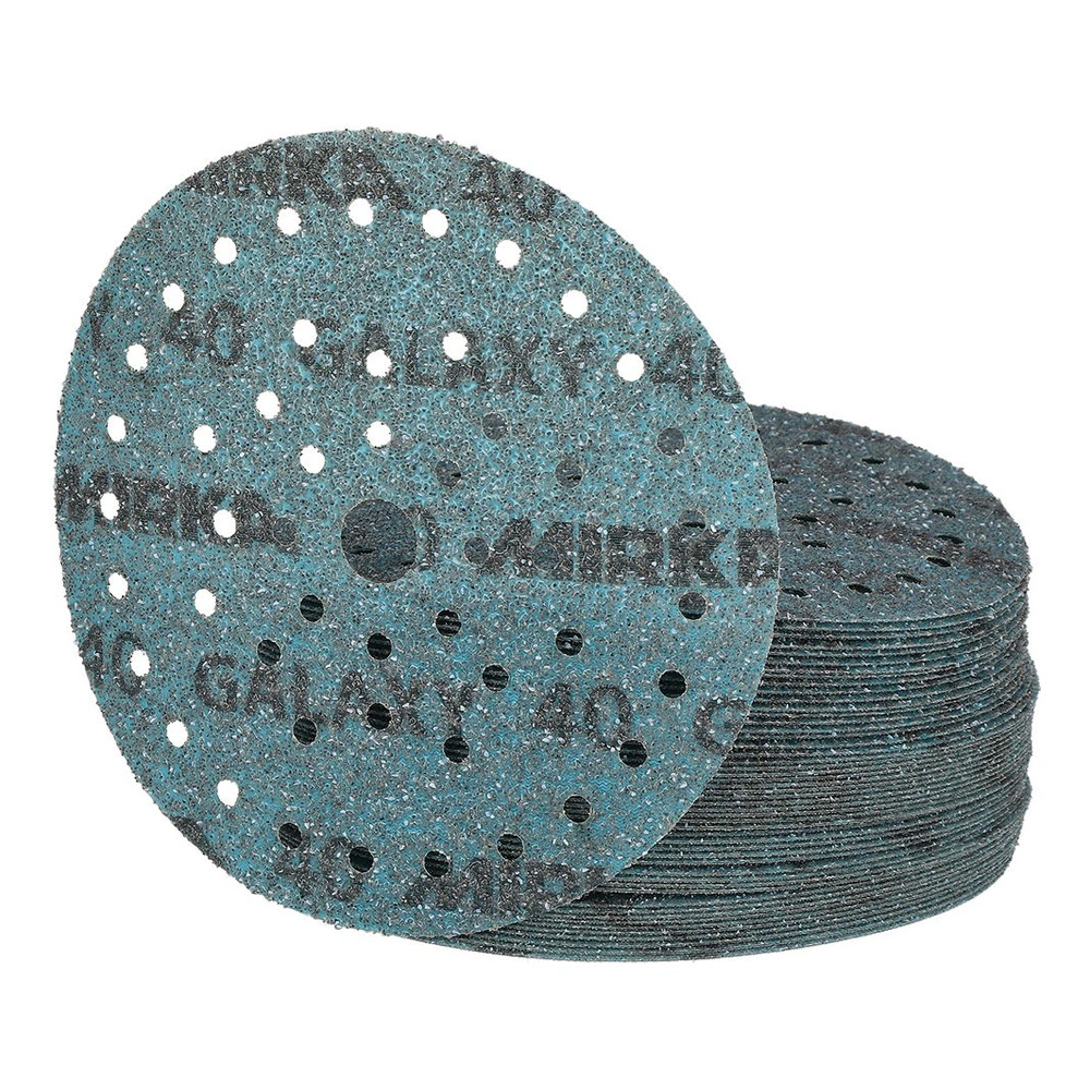 A stack of round turquoise sanding discs with many holes, shown front-facing