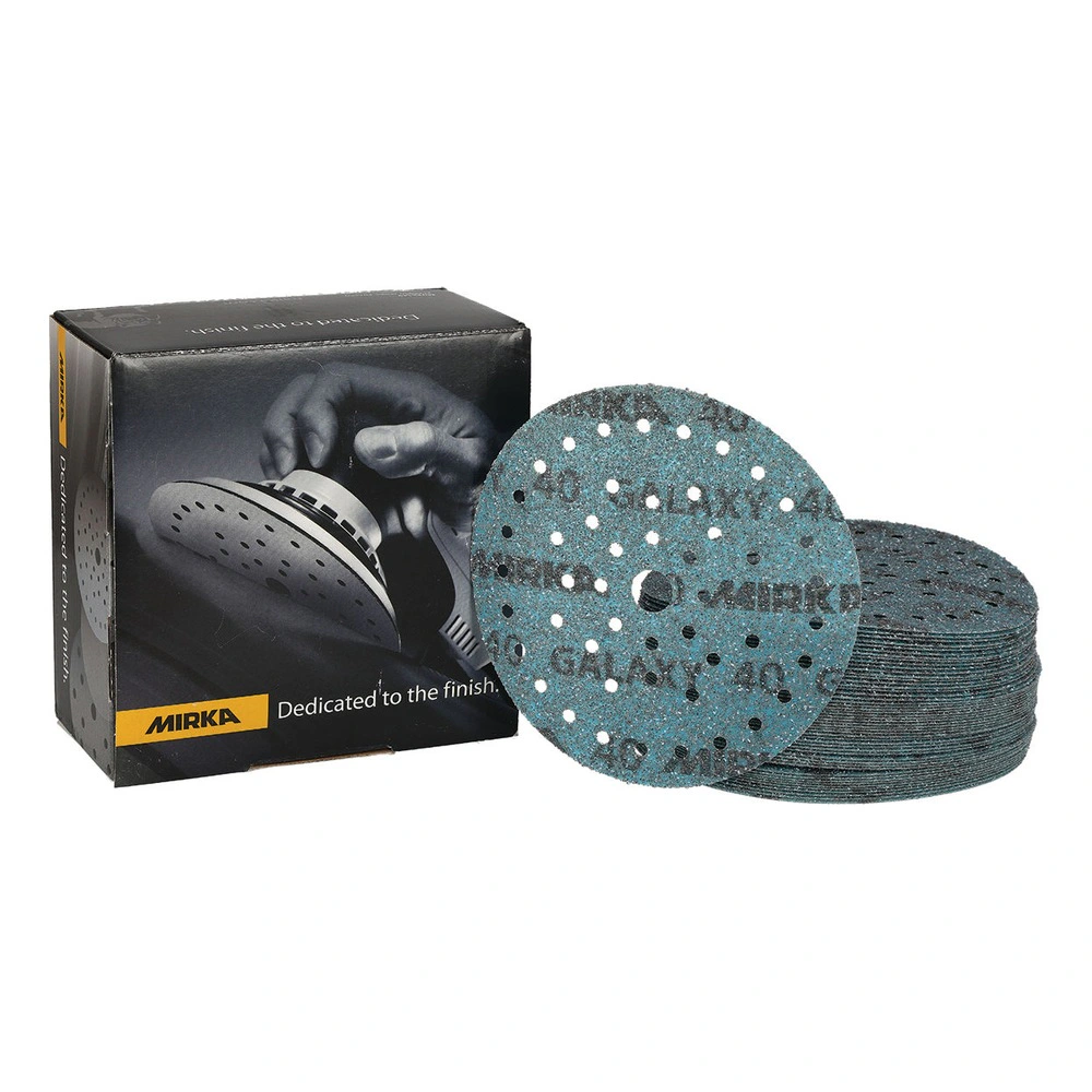 A black product box beside a stack of round turquoise sanding discs