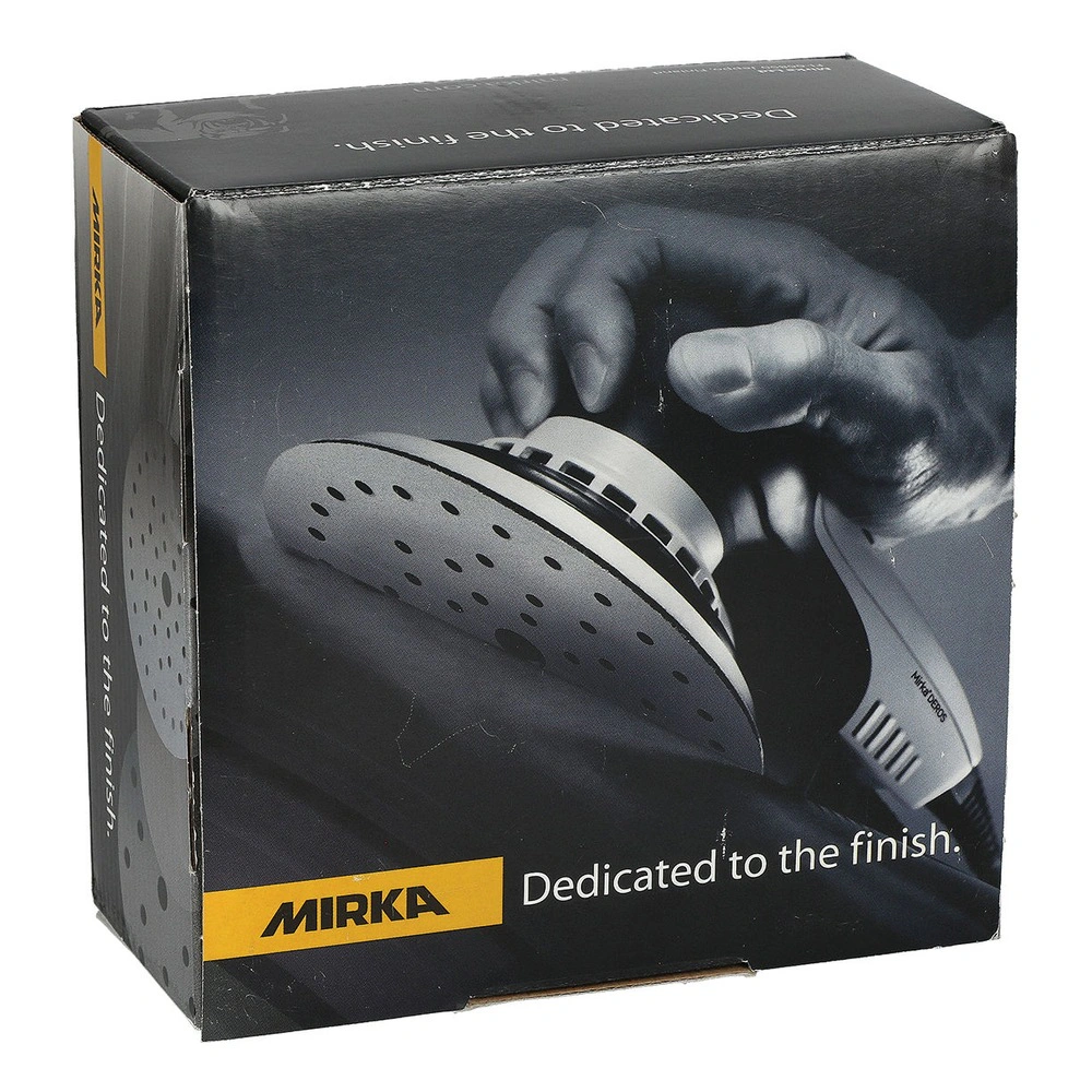 A black product box with an image of a hand holding a round sander, plus