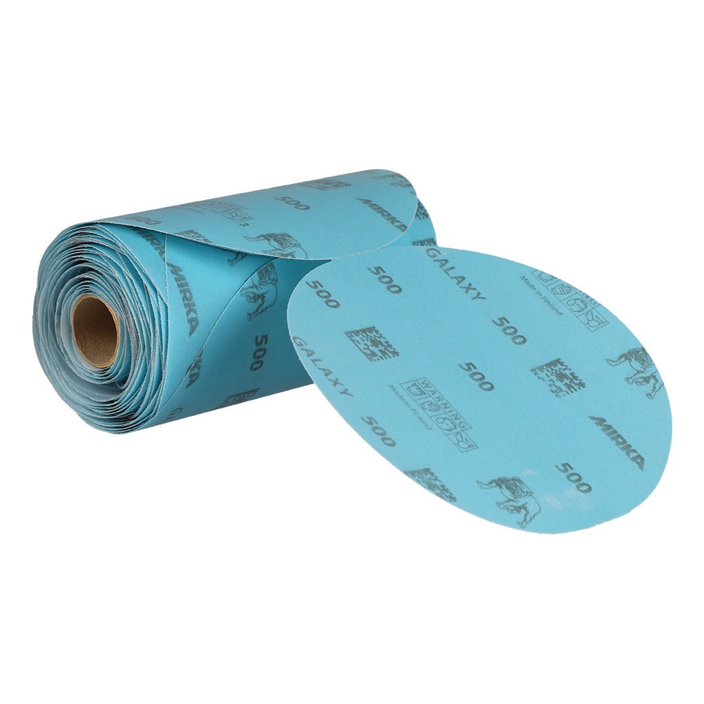 A light blue sanding paper roll with MIRKA and GALAXY print, unrolled