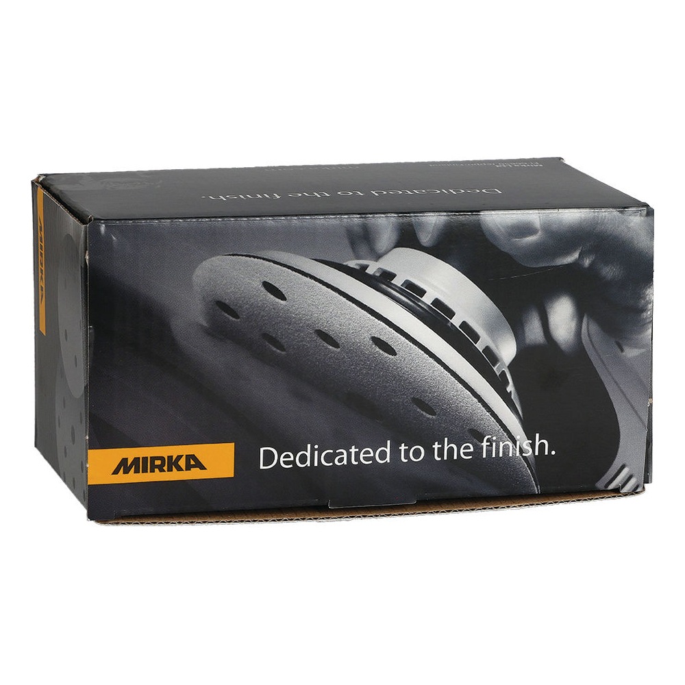 A black cardboard box with a sanding disc photo and the text Dedicated
